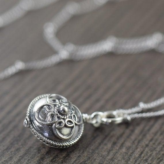 Boho necklace Bali style rounded disc pendant on sterling silver satellite chain by Katy Mims
