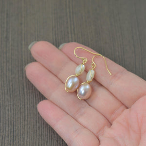 Light pink pearl earrings wire wrapped in gold filled accented by silverite gemstones