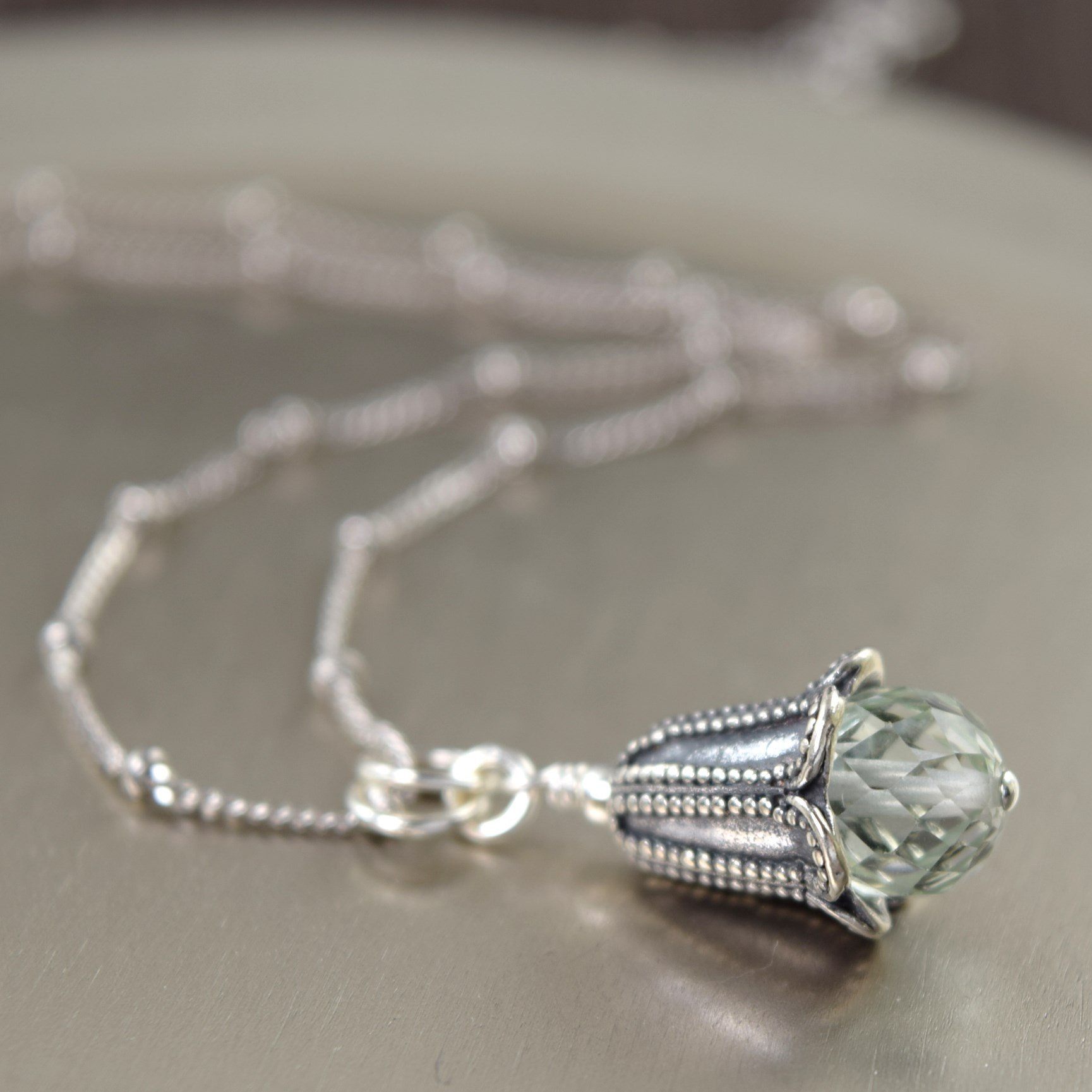 Prasiolite Green Amethyst bali style sterling silver pendant necklace on silver satellite chain