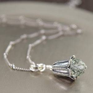 Prasiolite Green Amethyst bali style sterling silver pendant necklace on silver satellite chain