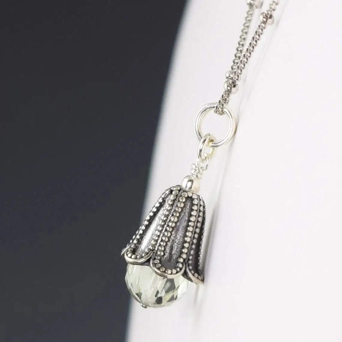 Prasiolite Green Amethyst bali style sterling silver pendant necklace on silver satellite chain