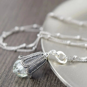 Prasiolite Green Amethyst bali style sterling silver pendant necklace on silver satellite chain