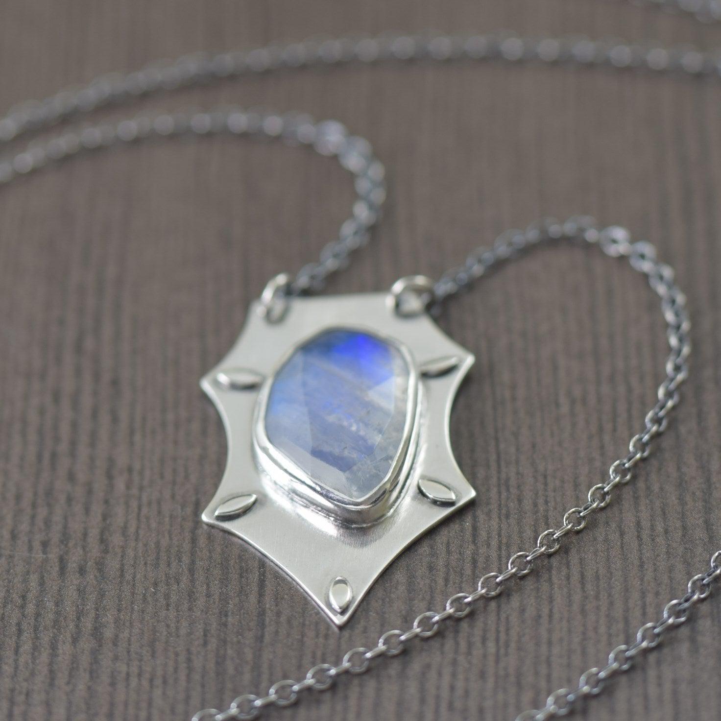 Rainbow Moonstone sterling silver hand fabricated pendant necklace