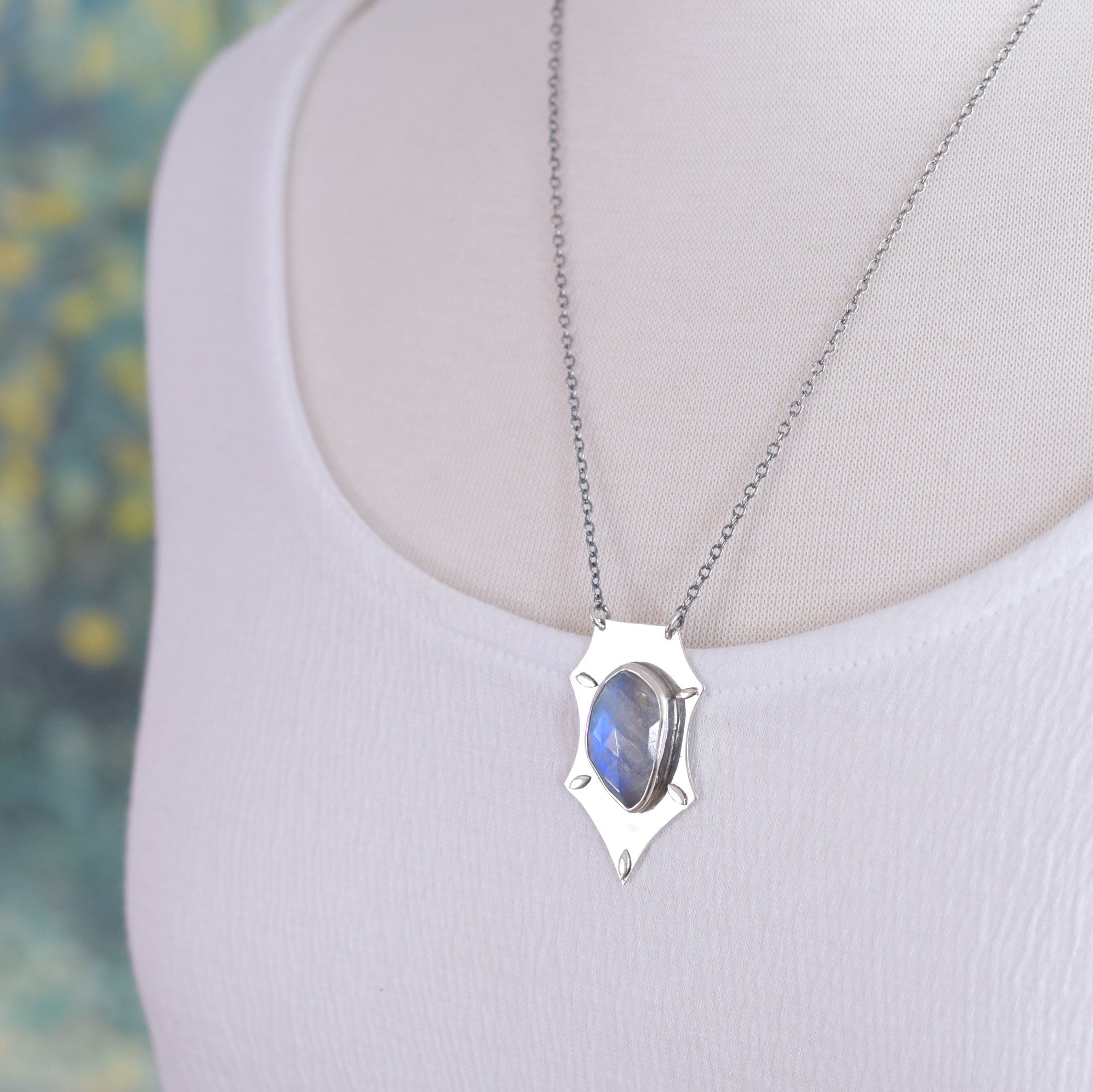 Rainbow Moonstone sterling silver hand fabricated pendant necklace