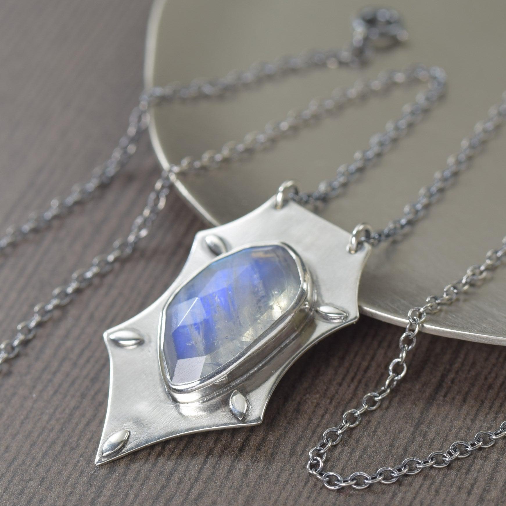 Rainbow Moonstone sterling silver hand fabricated pendant necklace
