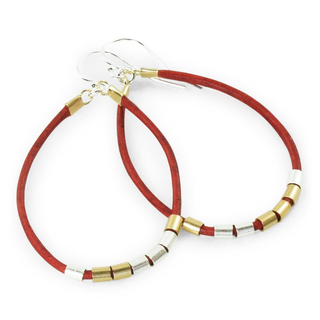 Red Leather hoop earrings with gold and sterling silver accents
