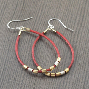 Red Leather hoop earrings with gold and sterling silver accents