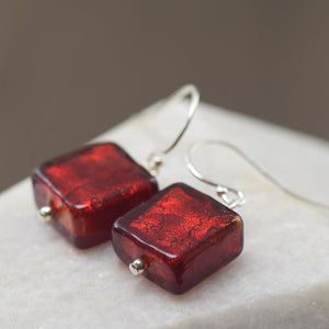 Red Murano glass earrings in a red Garnet hue for for January birthstone