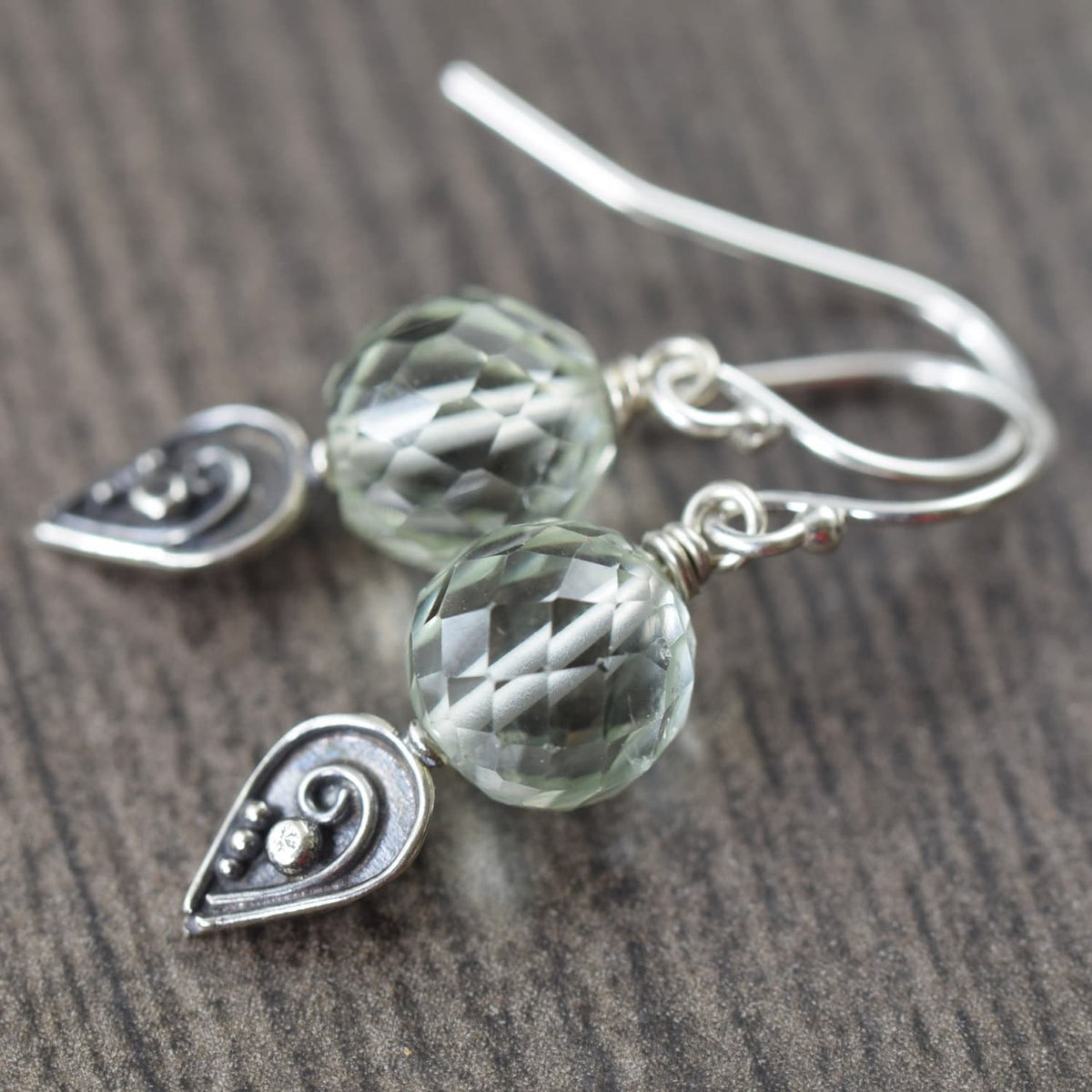 Sterling silver Green Amethyst and Bali Floral design earrings