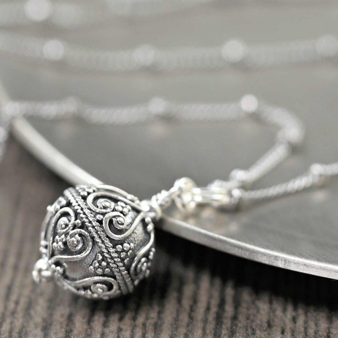 Sterling silver bali style pendant necklace on sterling silver chain, Gifts for her 16, 18 and 20 inch chains available