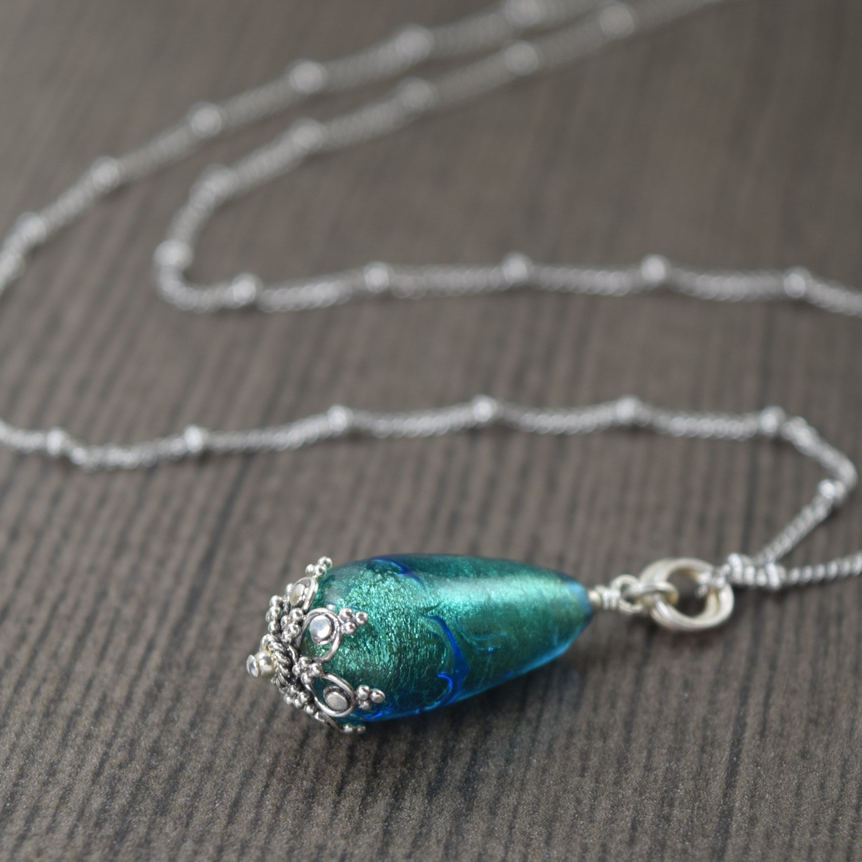 Teal Blue Murano glass necklace on sterling silver chain
