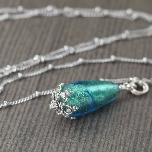 Teal Blue Murano glass necklace on sterling silver chain - South Paw  Studios Handcrafted Designer Jewelry