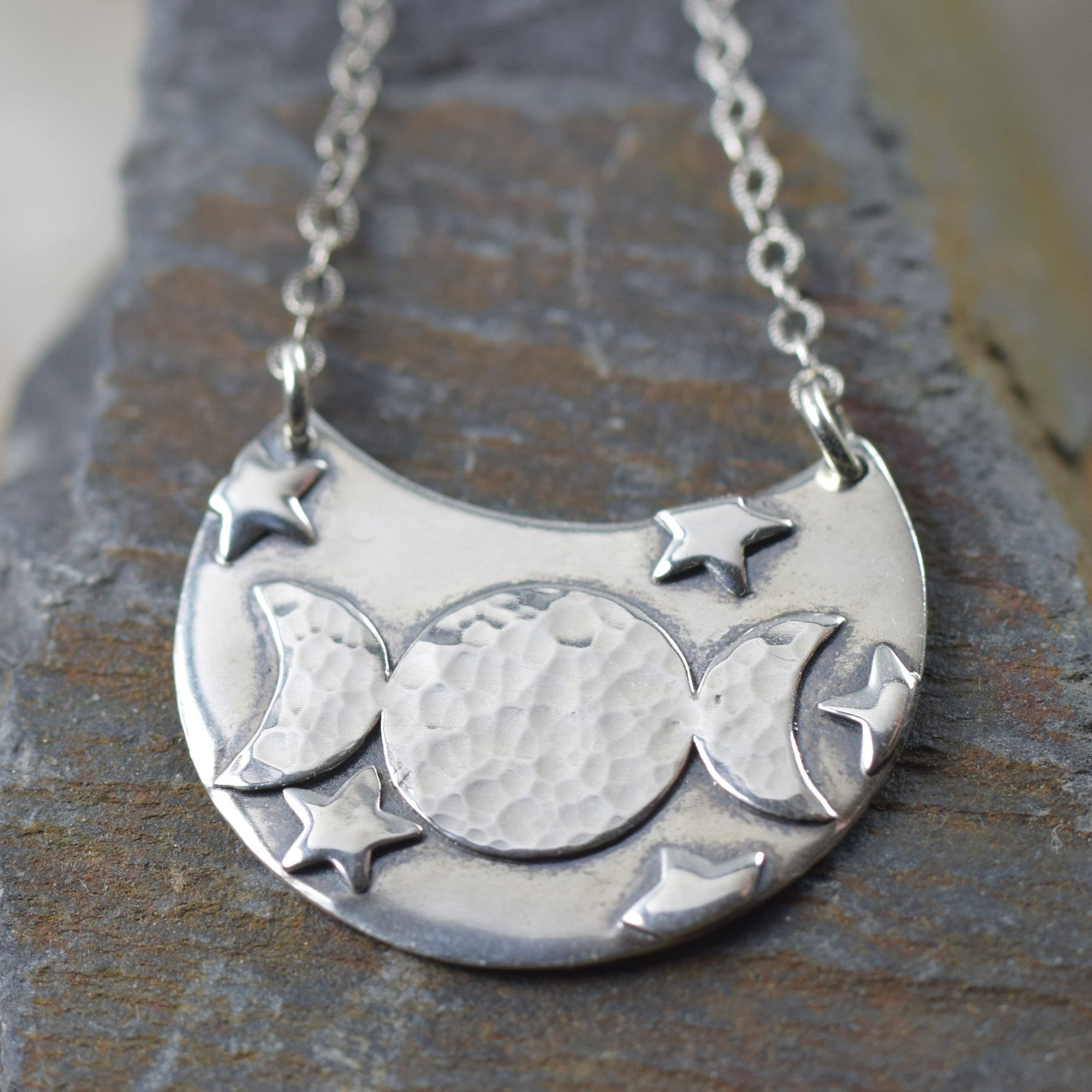 Triple moon goddess necklace, crescent moon sterling silver necklace