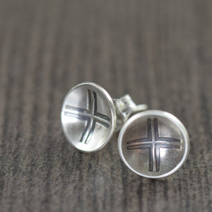 Unisex sterling silver stud earrings featuring a modern cross