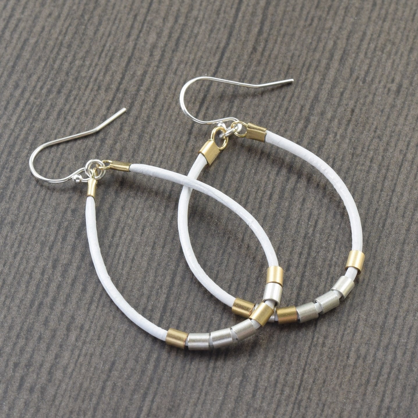 White Leather hoop earrings with gold and sterling silver accents