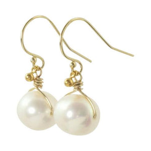 White freshwater pearl drop earrings wire wrapped in gold filled wire