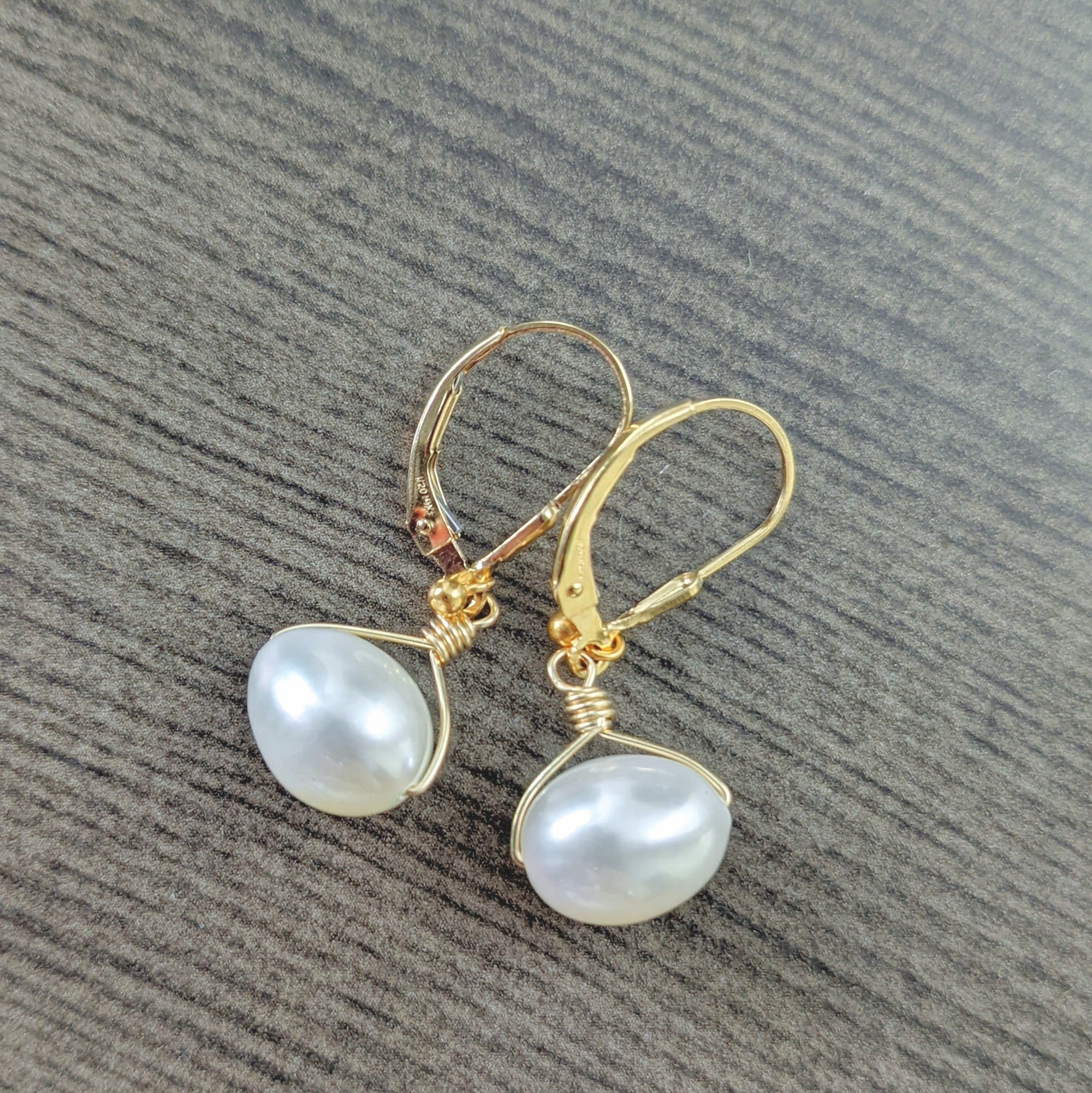 White freshwater pearl drop earrings wire wrapped in gold filled wire