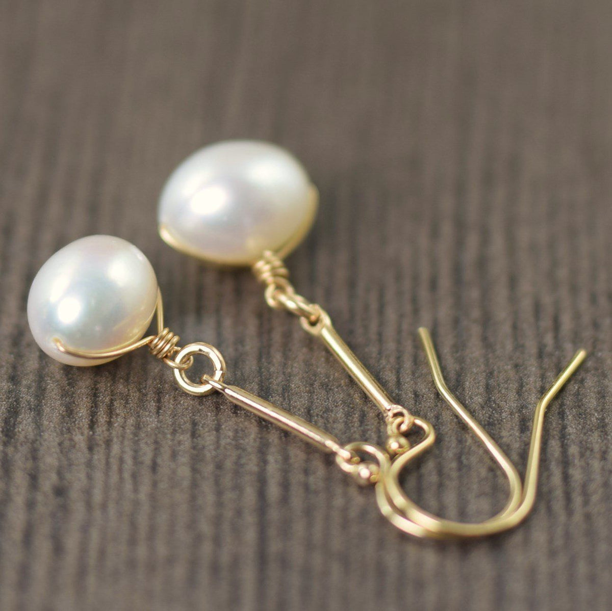 White freshwater pearl drop earrings wire wrapped in gold filled