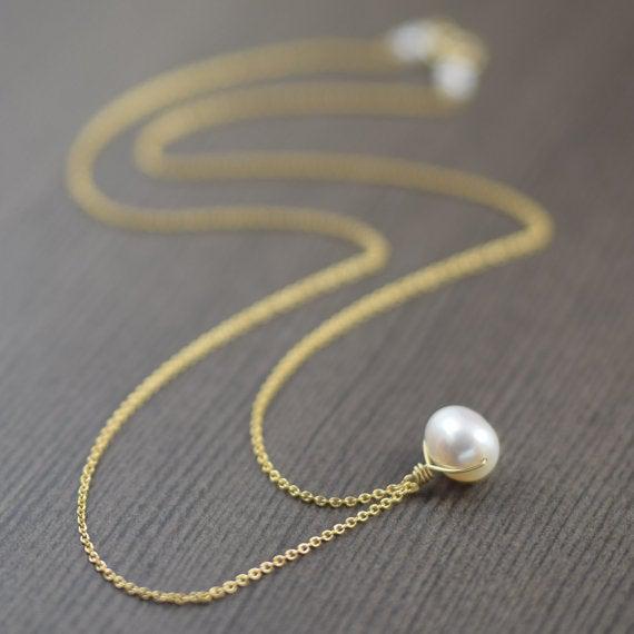 Wire wrapped White freshwater pearl necklace on gold filled chain